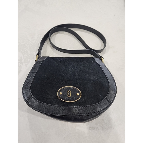 Fossil Handbags - Fossil Black Calf Hair Leather Crossbody Saddle Bag